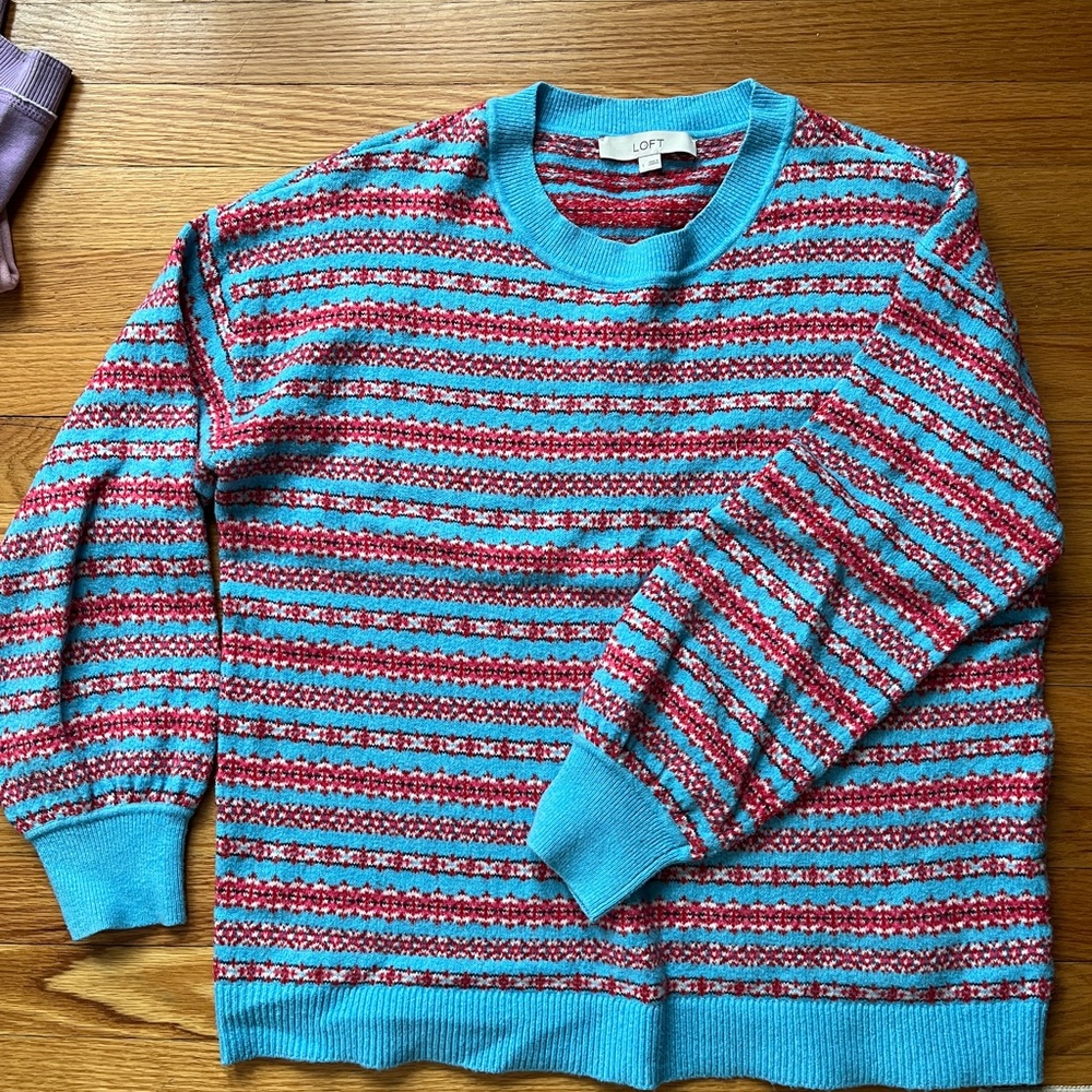 LOFT Blue and Red Striped Crewneck Sweater